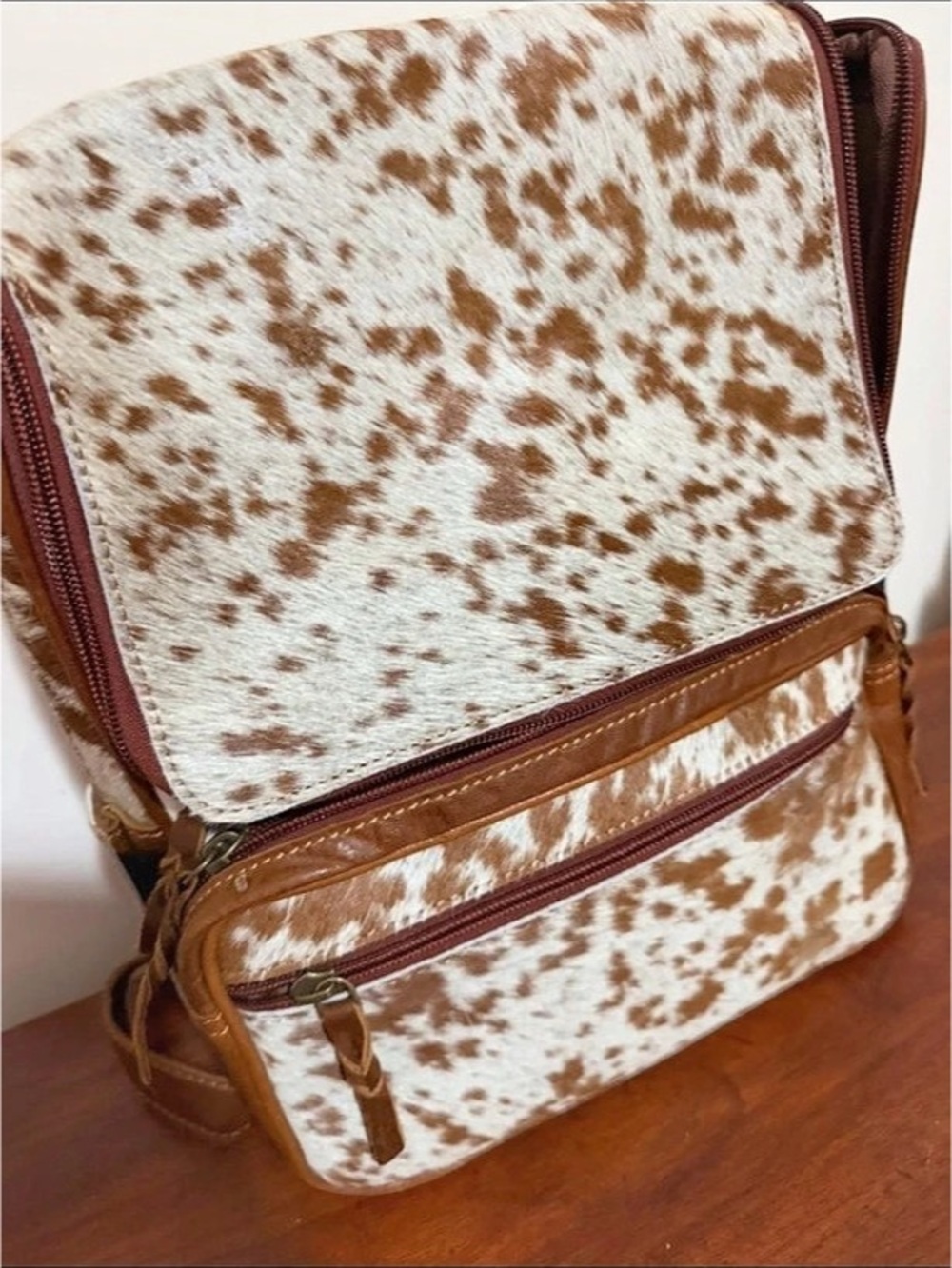Cow Print Backpack in Brown & White Like New